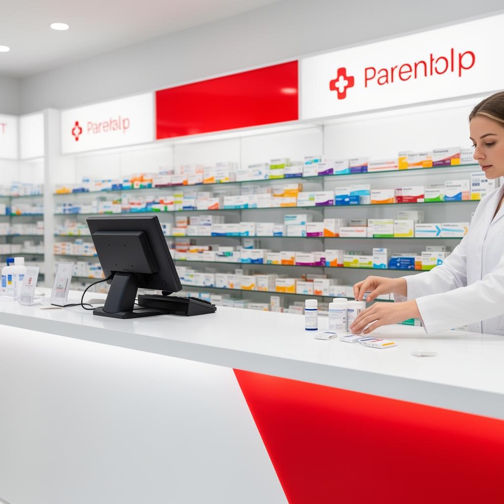 Balcão de farmácia moderno com medicamentos